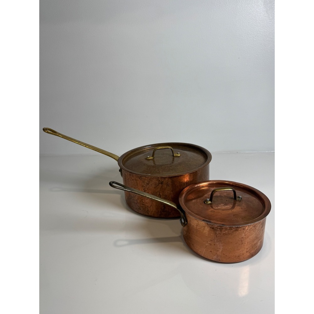 Tournus VTG Copper Saucepan Set Lids Brass Handle French Country Cottagecore